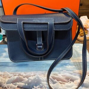 Navy Leather Crossbody Satchel or clutch Hazlan style with 3 pockets